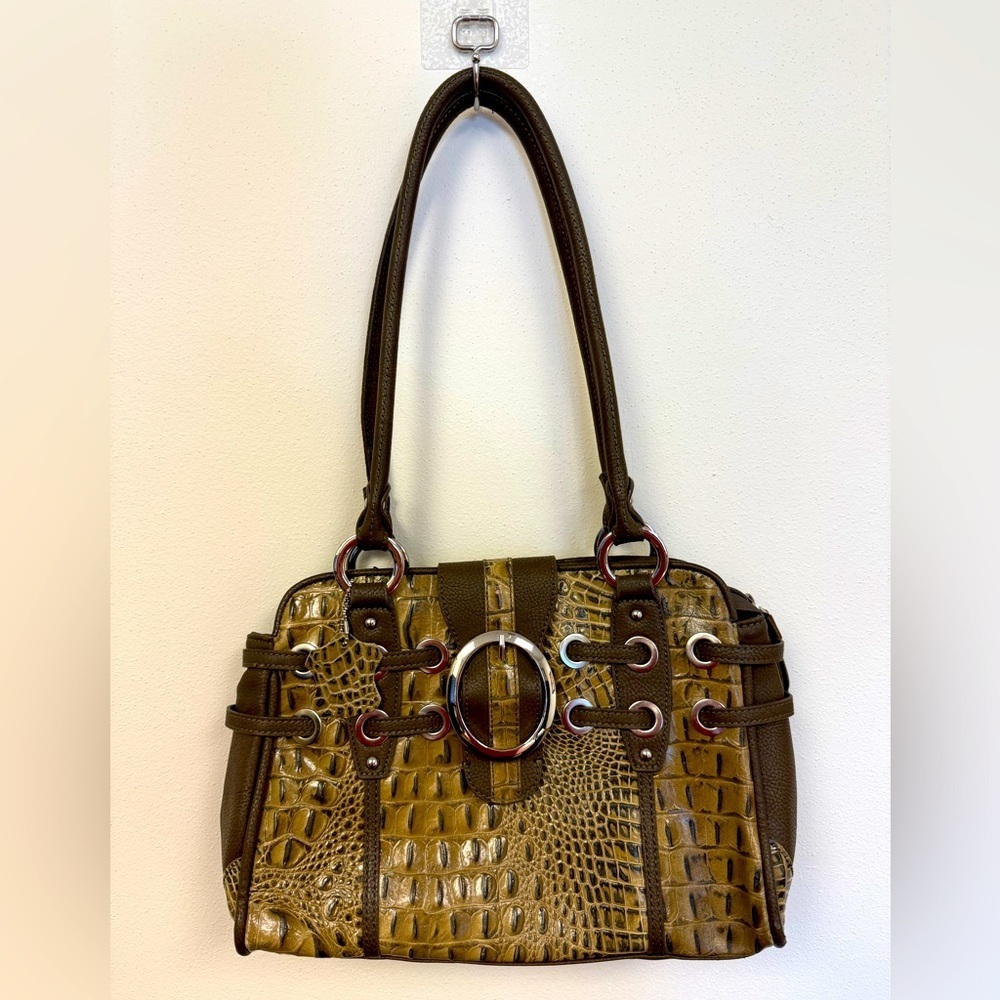 Madi Claire Y2K Aesthetic Brown Leather Bag – CrocEmbossed Western Style Satchel